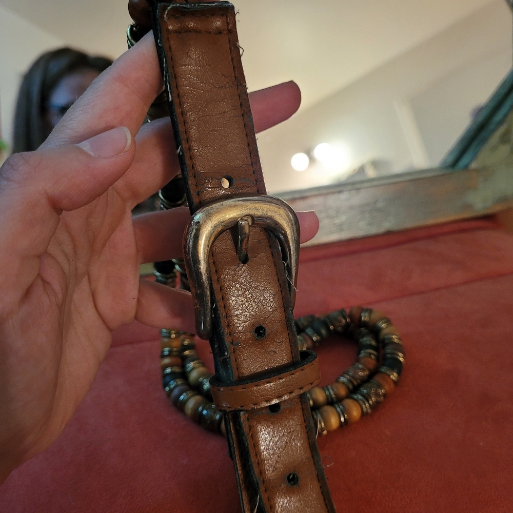 Vintage Wooden Beaded Belt In Light Brown Leather - M/L - Picture 3 of 5